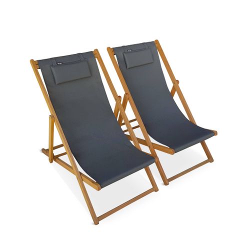 Chiliennes Bois - Creus - 2 Transats En Bois D'eucalyptus Huilé Avec Coussin Repose-tête Gris