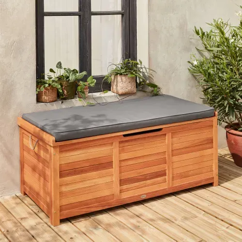 Coffre De Jardin En Bois 200l - Caja Gris- 125x60cm Rangement Coussins Avec 2 Vérins Et Poignées