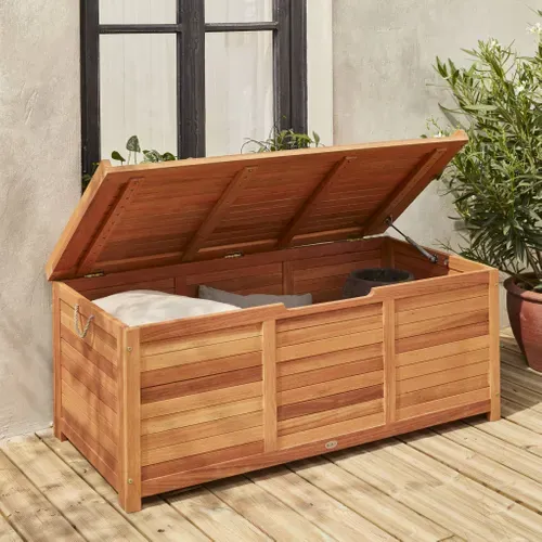 Coffre De Jardin En Bois 200l - Caja Gris- 125x60cm Rangement Coussins Avec 2 Vérins Et Poignées