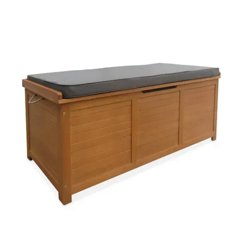 Coffre De Jardin En Bois 200l - Caja Gris- 125x60cm Rangement Coussins Avec 2 Vérins Et Poignées