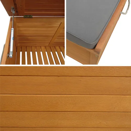 Coffre De Jardin En Bois 200l - Caja Gris- 125x60cm Rangement Coussins Avec 2 Vérins Et Poignées