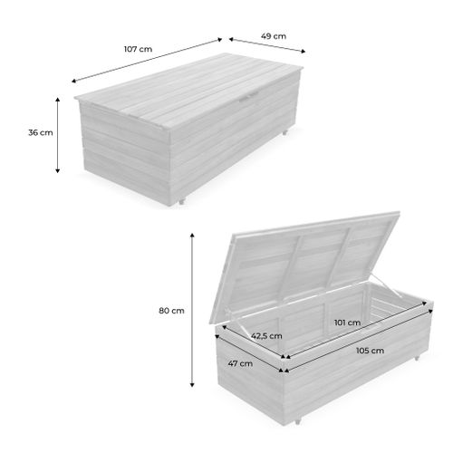 Coffre De Jardin En Bois - Saragosse - 130l. Rangement Coussins 107x48.5cm Avec Vérins Et Roulettes