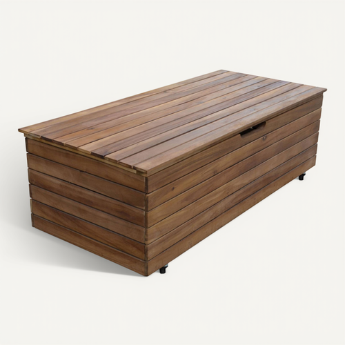 Coffre De Jardin En Bois - Saragosse - 130l. Rangement Coussins 107x48.5cm Avec Vérins Et Roulettes