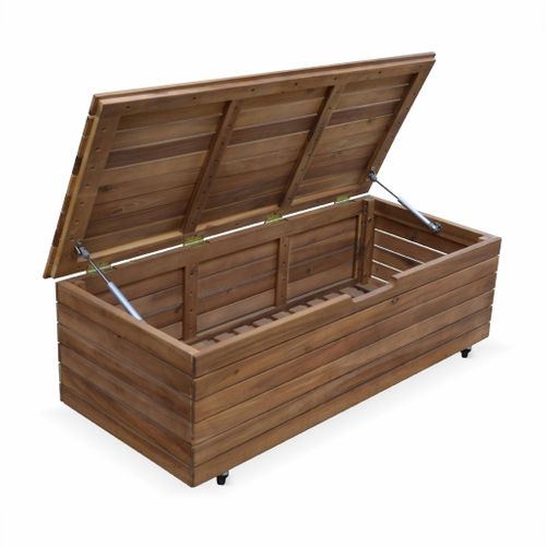 Coffre De Jardin En Bois - Saragosse - 130l. Rangement Coussins 107x48.5cm Avec Vérins Et Roulettes