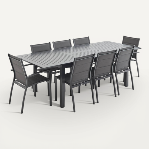 Table De Jardin Extensible Aluminium + 8 Assises - Chicago Anthracite/gris Taupe - Table En