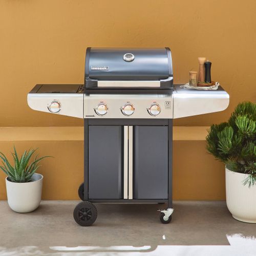 Barbecue Au Gaz - Bazin 3 Gris Anthracite -  Cuisine Extérieure 3 Brûleurs + 1 Feu Latéral Avec