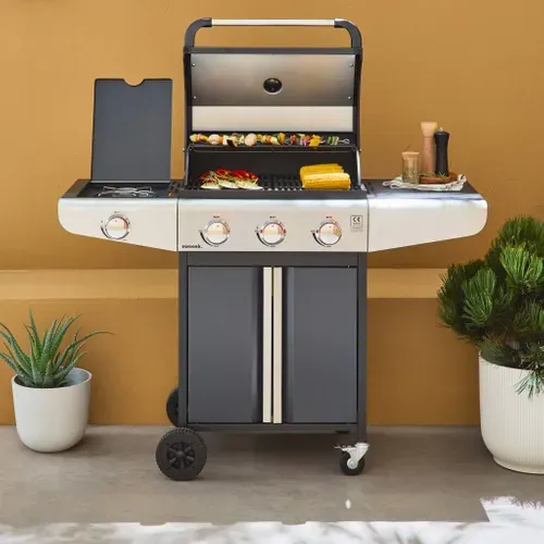 Barbecue Au Gaz - Bazin 3 Gris Anthracite -  Cuisine Extérieure 3 Brûleurs + 1 Feu Latéral Avec