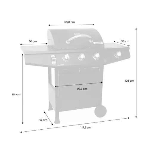 Barbecue Gaz - Treville - Barbecue 3 Brûleurs + 1 Feu Latéral Noir. Avec Thermomètre