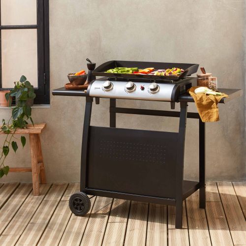 Plancha Au Gaz 3 Brûleurs Sur Chariot - Porthos - 7.55kw. Plancha à Gaz Avec Desserte . Cuisine