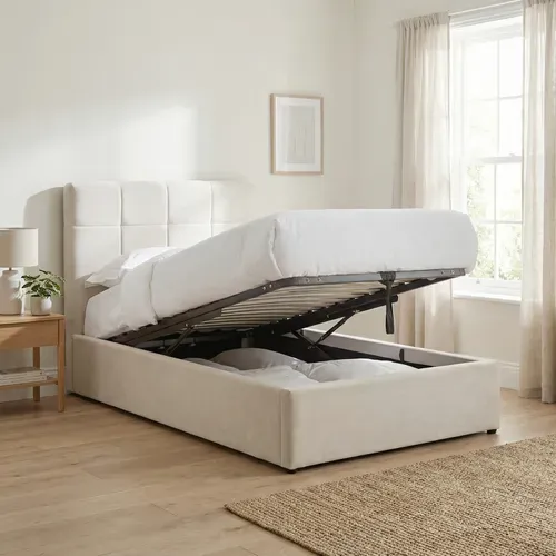 Lit coffre 90x190 cm avec sommier relevable PAULINE en velours beige vue d'ambiance 1