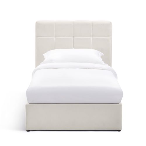 Lit coffre 90x190 cm avec sommier relevable PAULINE en velours beige vue de face