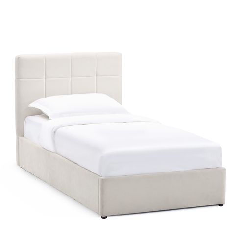 Lit coffre 90x190 cm avec sommier relevable PAULINE en velours beige vue 3/4