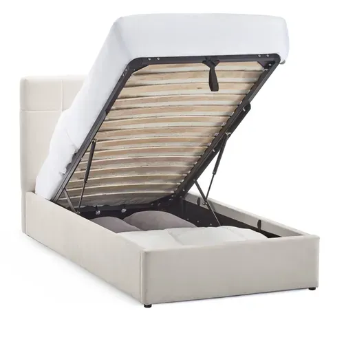 Lit coffre 90x190 cm avec sommier relevable PAULINE en velours beige
