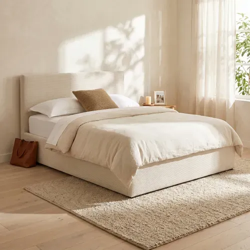 Lit coffre a ouverture latérale 140x190 cm CLEA en côtelé beige vue d'ambiance 1