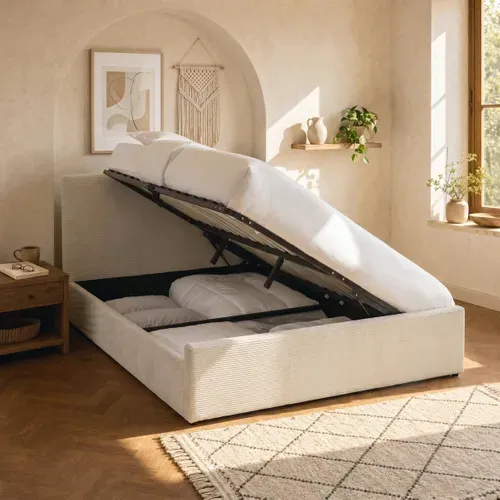 Lit coffre a ouverture latérale 140x190 cm CLEA en côtelé beige