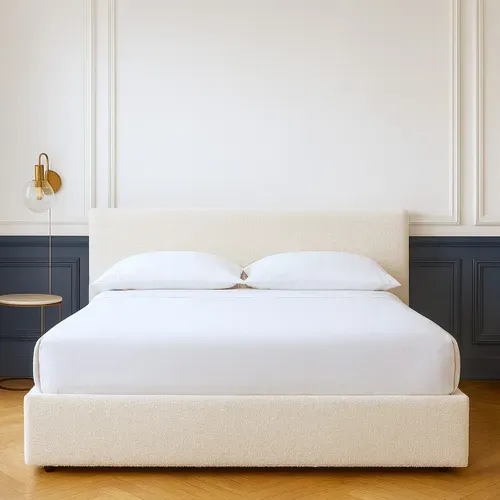 Lit Coffre Adulte 180x200 Cm Avec Tête De Lit Matelassée En Tissu Bouclé Beige Et Sommier - Tina