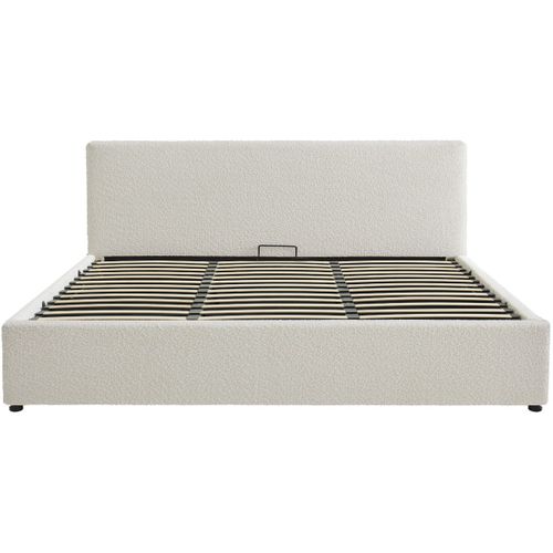 Lit Coffre Adulte 180x200 Cm Avec Tête De Lit Matelassée En Tissu Bouclé Beige Et Sommier - Tina