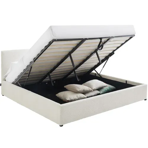 Lit Coffre Adulte 180x200 Cm Avec Tête De Lit Matelassée En Tissu Bouclé Beige Et Sommier - Tina
