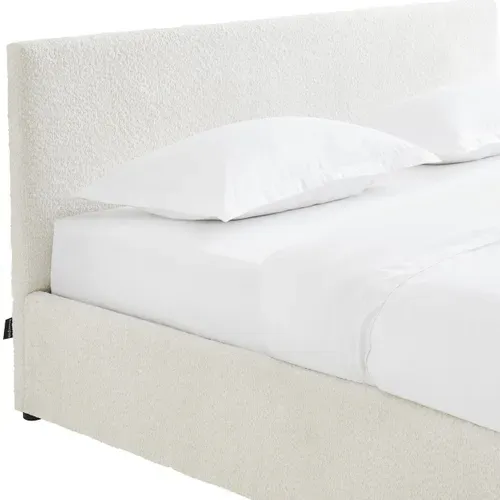 Lit Coffre Adulte 180x200 Cm Avec Tête De Lit Matelassée En Tissu Bouclé Beige Et Sommier - Tina