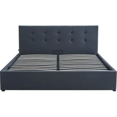 Lit Coffre Adulte 160x200 Cm Avec Tête De Lit Matelassée En Velours Gris Foncé Et Sommier - Tina
