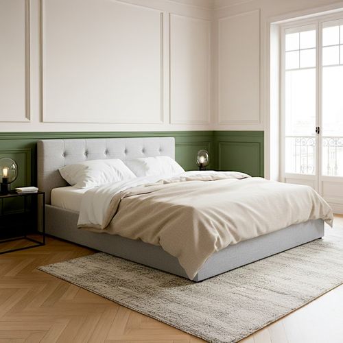 Lit Coffre Adulte 160x200 Cm Avec Tête De Lit Matelassée En Tissu Gris Et Sommier - Tina
