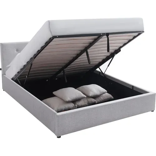 Lit Coffre Adulte 160x200 Cm Avec Tête De Lit Matelassée En Tissu Gris Et Sommier - Tina