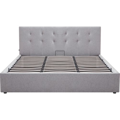 Lit Coffre Adulte 180x200 Cm Avec Tête De Lit Matelassée En Tissu Gris Et Sommier - Tina