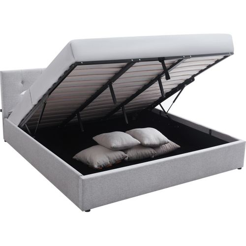 Lit Coffre Adulte 180x200 Cm Avec Tête De Lit Matelassée En Tissu Gris Et Sommier - Tina