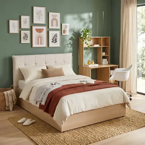 Lit coffre 140x190 cm avec MELLO imitation chêne et tissu beige vue d'ambiance 1