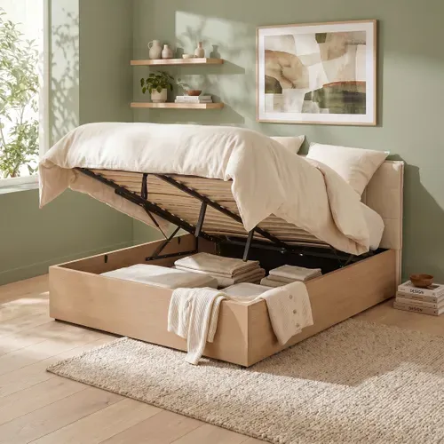 Lit coffre 140x190 cm avec MELLO imitation chêne et tissu beige