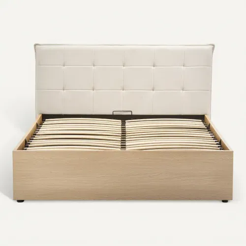 Lit coffre 140x190 cm avec MELLO imitation chêne et tissu beige vue de face
