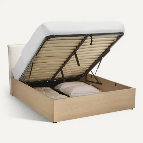 Lit coffre 140x190 cm avec MELLO imitation chêne et tissu beige vue de derrière
