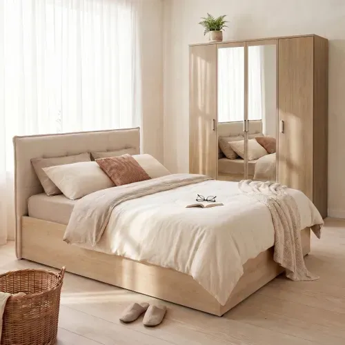 Lit coffre 160x200 cm avec MELLO imitation chêne et tissu beige vue d'ambiance 1