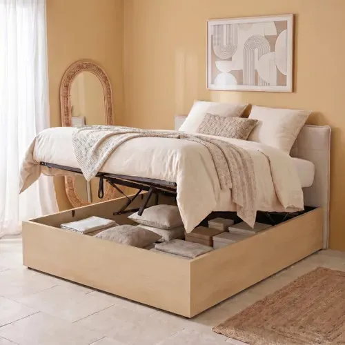Lit coffre 160x200 cm avec MELLO imitation chêne et tissu beige