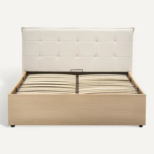 Lit coffre 160x200 cm avec MELLO imitation chêne et tissu beige vue de face