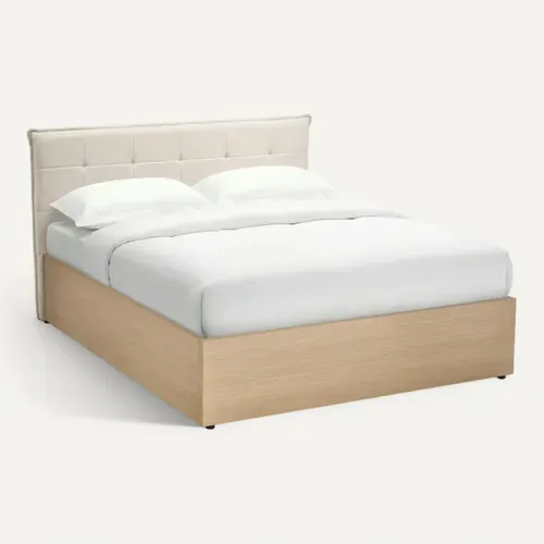 Lit coffre 160x200 cm avec MELLO imitation chêne et tissu beige vue 3/4