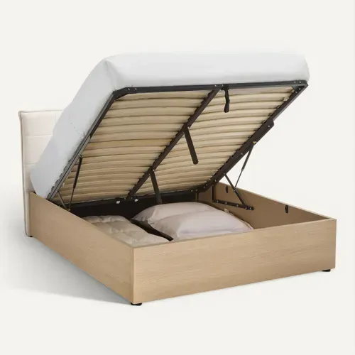 Lit coffre 160x200 cm avec MELLO imitation chêne et tissu beige vue de derrière