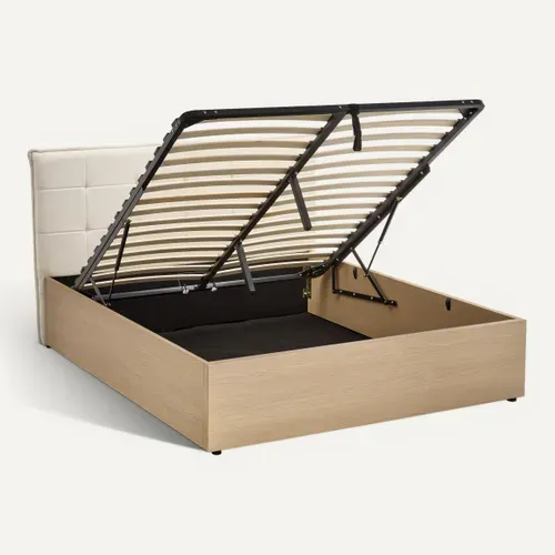 Lit coffre 160x200 cm avec MELLO imitation chêne et tissu beige