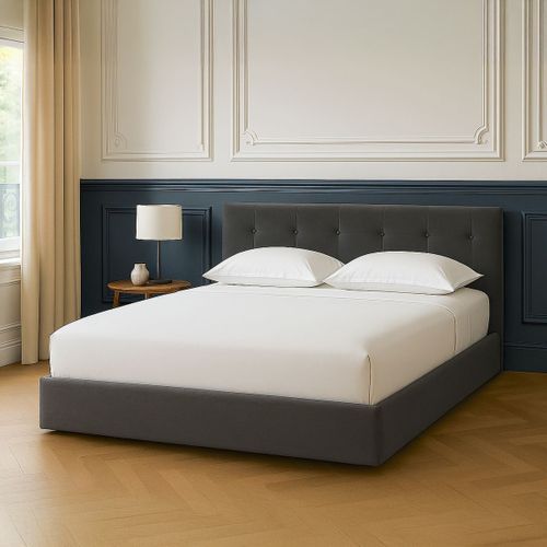 Lit Coffre Adulte 180x200 Cm Avec Tête De Lit Matelassée En Velours Gris Foncé Et Sommier - Tina