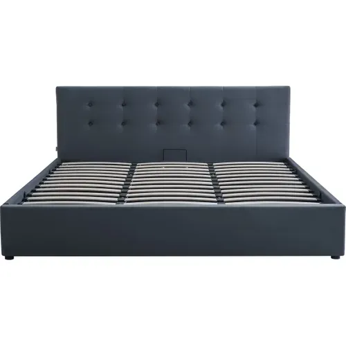 Lit Coffre Adulte 180x200 Cm Avec Tête De Lit Matelassée En Velours Gris Foncé Et Sommier - Tina
