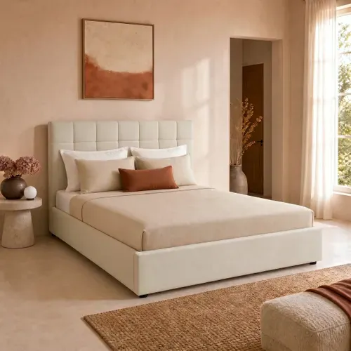 Lit coffre 160x200 cm velours beige clair PAULINE vue d'ambiance 1