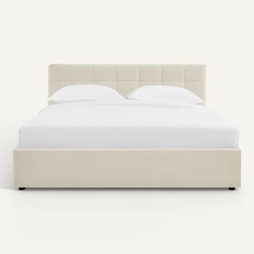 Lit coffre 160x200 cm velours beige clair PAULINE vue de face