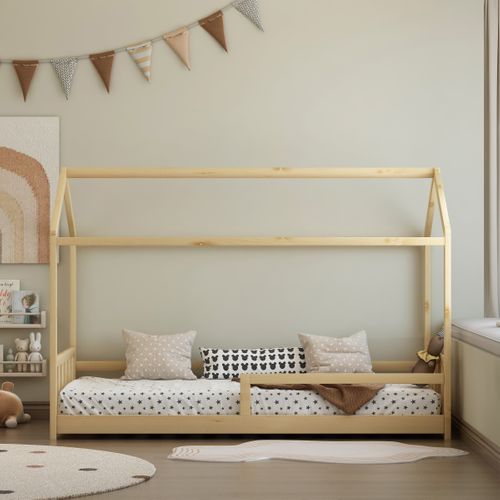 Lit cabane 90x190 cm avec sommier HUTTY naturel en pin massif