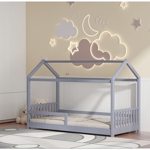 Lit cabane 90x190 cm HUTTY gris avec sommier inclus vue d'ambiance 1