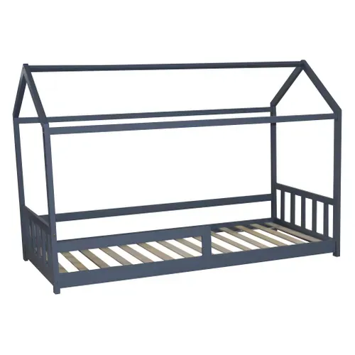 Lit cabane 90x190 cm HUTTY gris avec sommier inclus vue 3/4