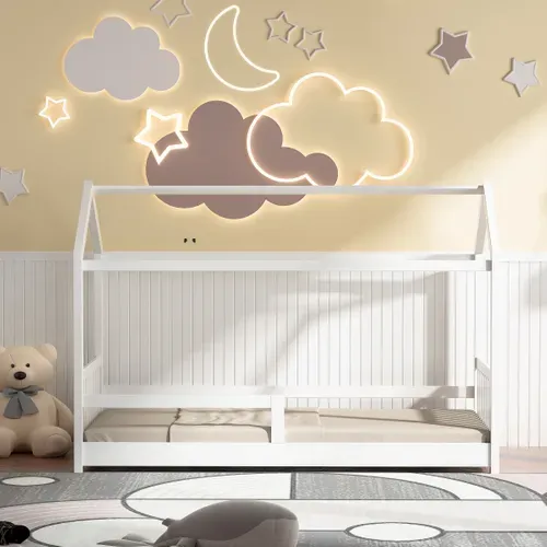 Lit cabane 90x190 cm avec sommier HUTTY blanc en pin massif