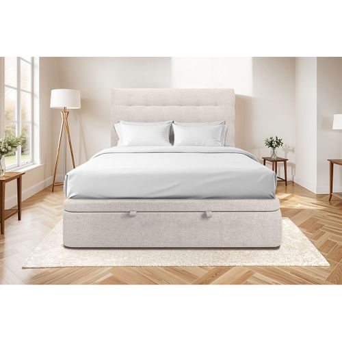Lit Coffre 140x190cm Avec Tête De Lit Capitonnée Tissu Beige Clair - Hauteur Totale : 39cm
