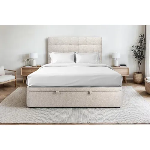 Lit Coffre 200x200cm Avec Tête De Lit Capitonnée Bouclette Beige - Hauteur Totale : 39cm