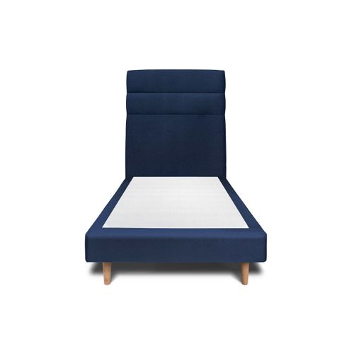 Lit 90x190cm Avec Tête De Lit Lignes Velours Et Sommier Tapissier Bleu