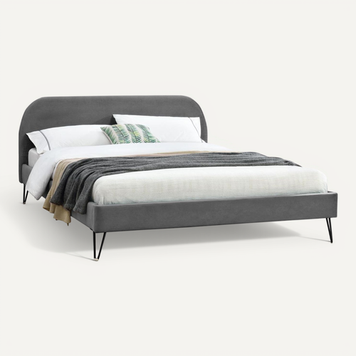 Phoenix - Lit 140 Velours Gris et Pieds Noirs